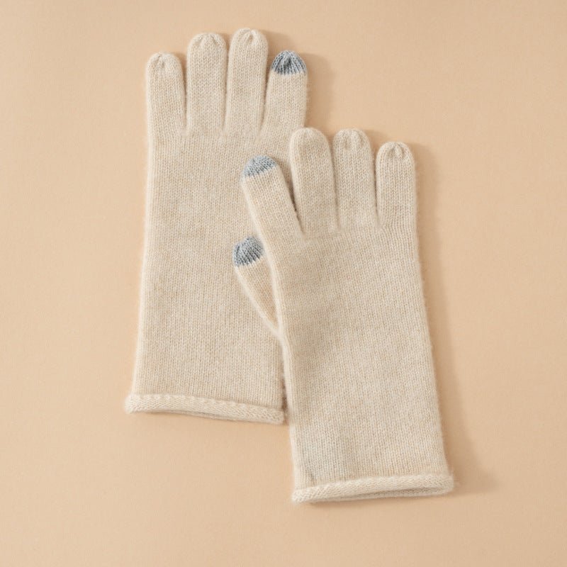 Soft Knit Cashmere Gloves Touch Tip Design Roll Edge Hem Beige M