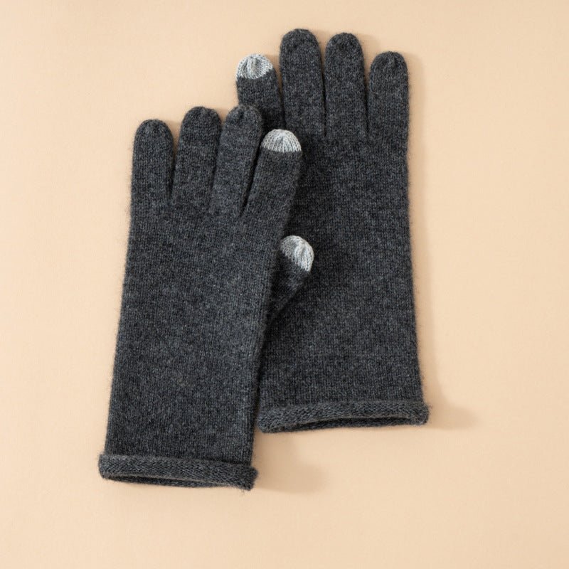 Soft Knit Cashmere Gloves Touch Tip Design Roll Edge Hem Dark Grey M