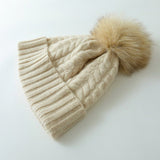 Pure Cashmere Cable Knit Beanie With Fur Pom Ribbed Winter Hat Gray M