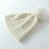 Pure Cashmere Cable Knit Beanie With Fur Pom Ribbed Winter Hat Ivory M