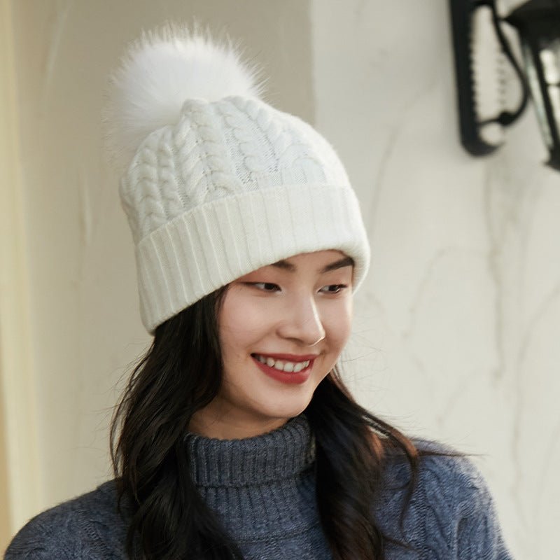 Pure Cashmere Cable Knit Beanie With Fur Pom Ribbed Winter Hat Ivory M