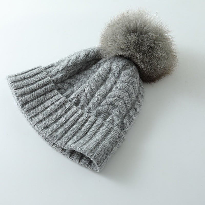 Pure Cashmere Cable Knit Beanie With Fur Pom Ribbed Winter Hat Gray M