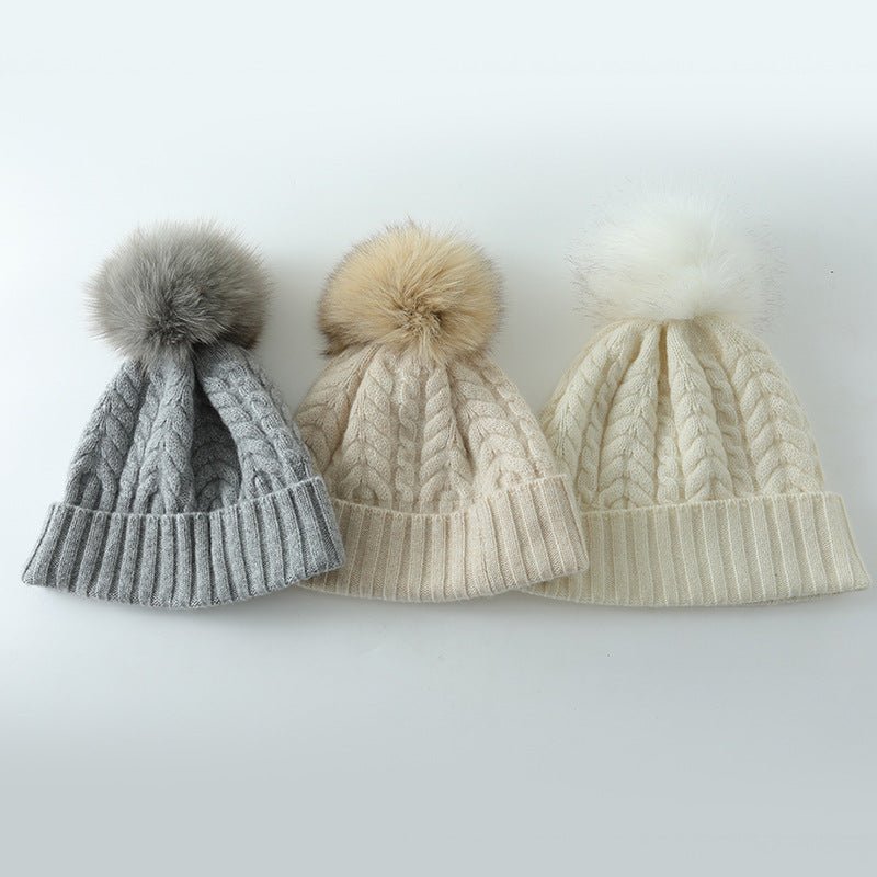 Pure Cashmere Cable Knit Beanie With Fur Pom Ribbed Winter Hat Ivory M