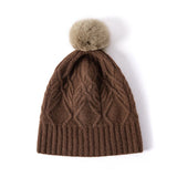 Pure Cashmere Beanie Hat With Fur Pom Leaf Cable Knit Winter Hat Coffee M