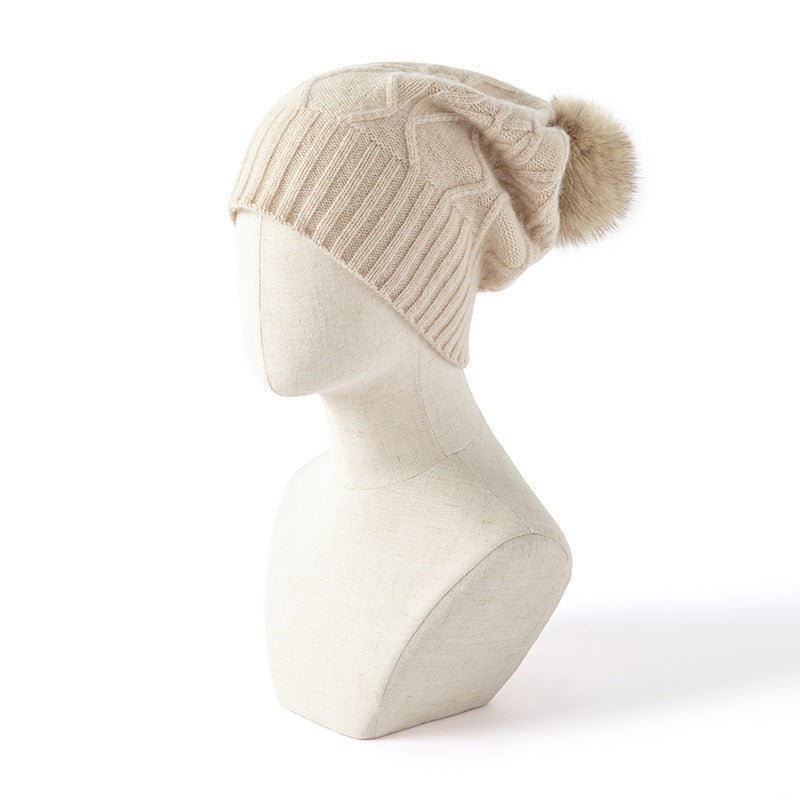 Pure Cashmere Beanie Hat With Fur Pom Leaf Cable Knit Winter Hat Beige M