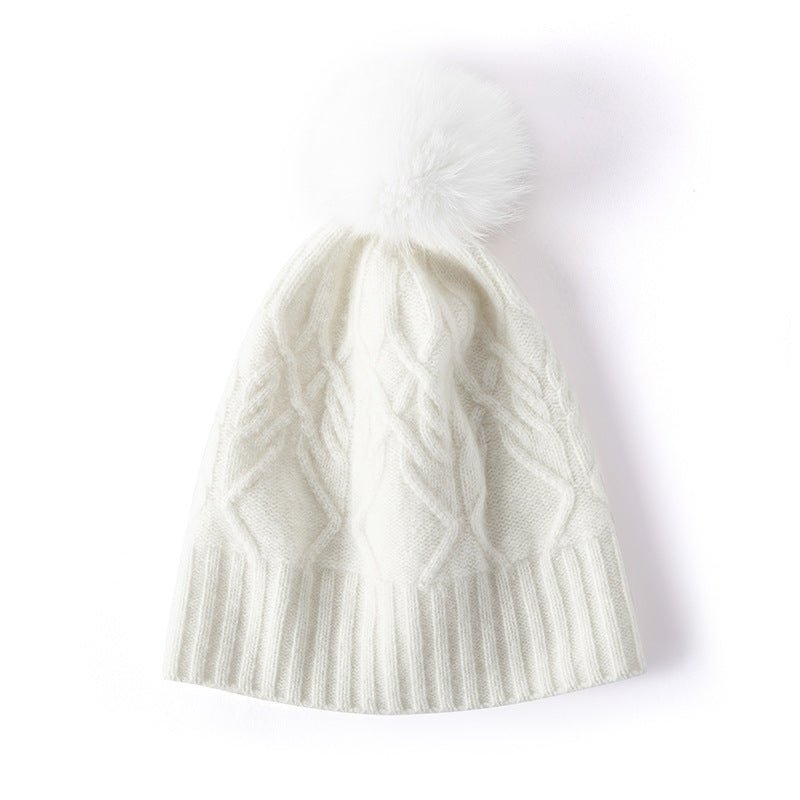 Pure Cashmere Beanie Hat With Fur Pom Leaf Cable Knit Winter Hat Ivory M