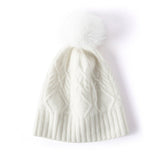Pure Cashmere Beanie Hat With Fur Pom Leaf Cable Knit Winter Hat Ivory M