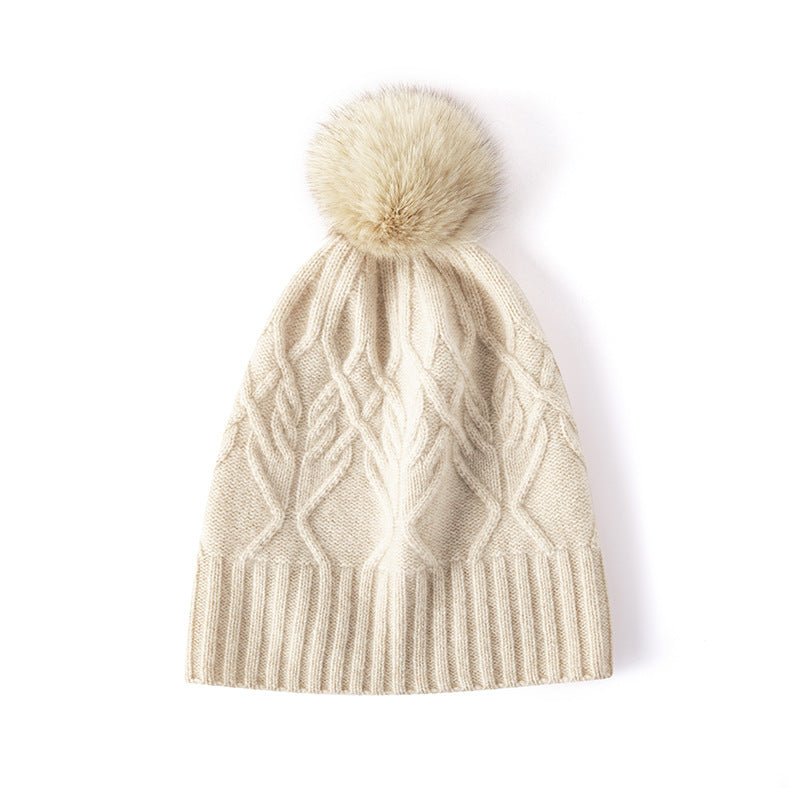 Pure Cashmere Beanie Hat With Fur Pom Leaf Cable Knit Winter Hat Beige M