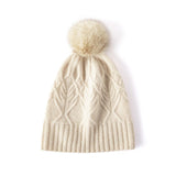 Pure Cashmere Beanie Hat With Fur Pom Leaf Cable Knit Winter Hat Beige M