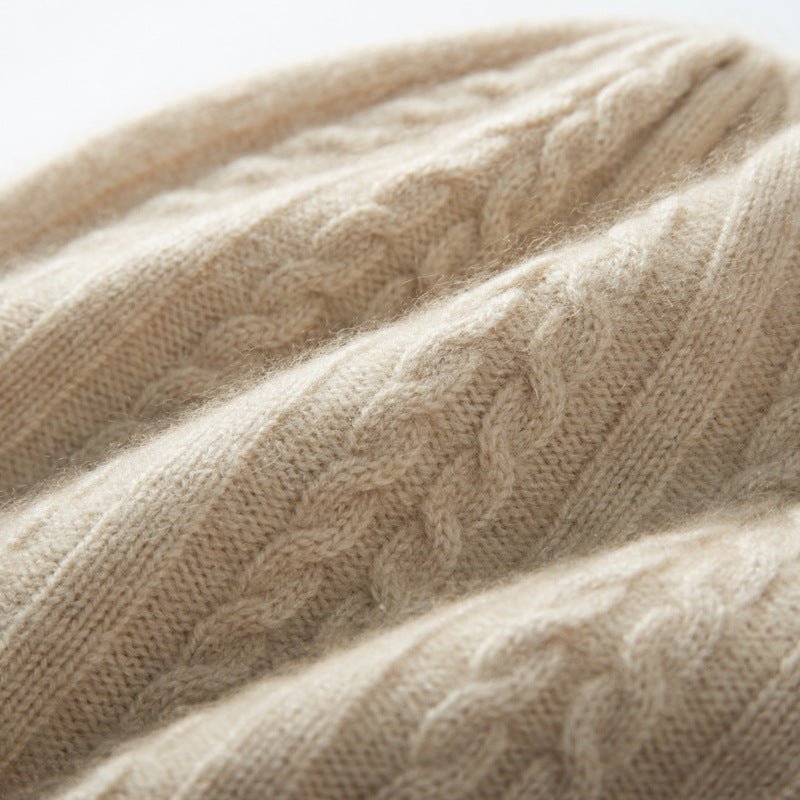 Classic Cable Knit Cashmere Beanie Ribbed Cuff Wheat Ear Pattern Hat Beige M