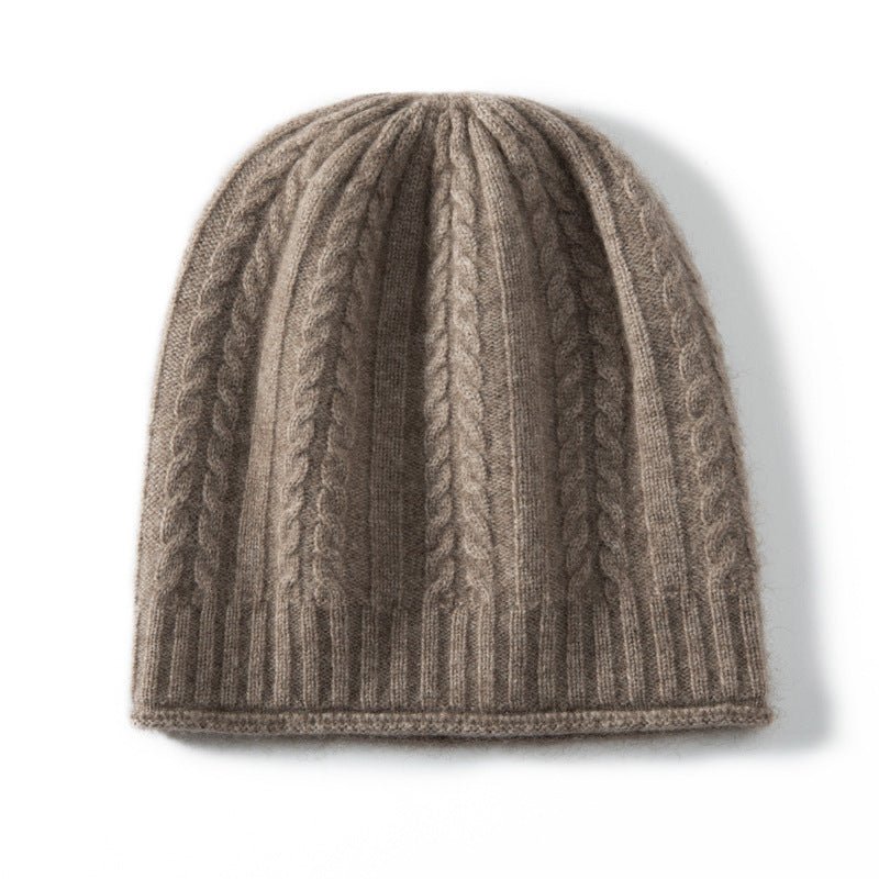 Classic Cable Knit Cashmere Beanie Ribbed Cuff Wheat Ear Pattern Hat Taupe M