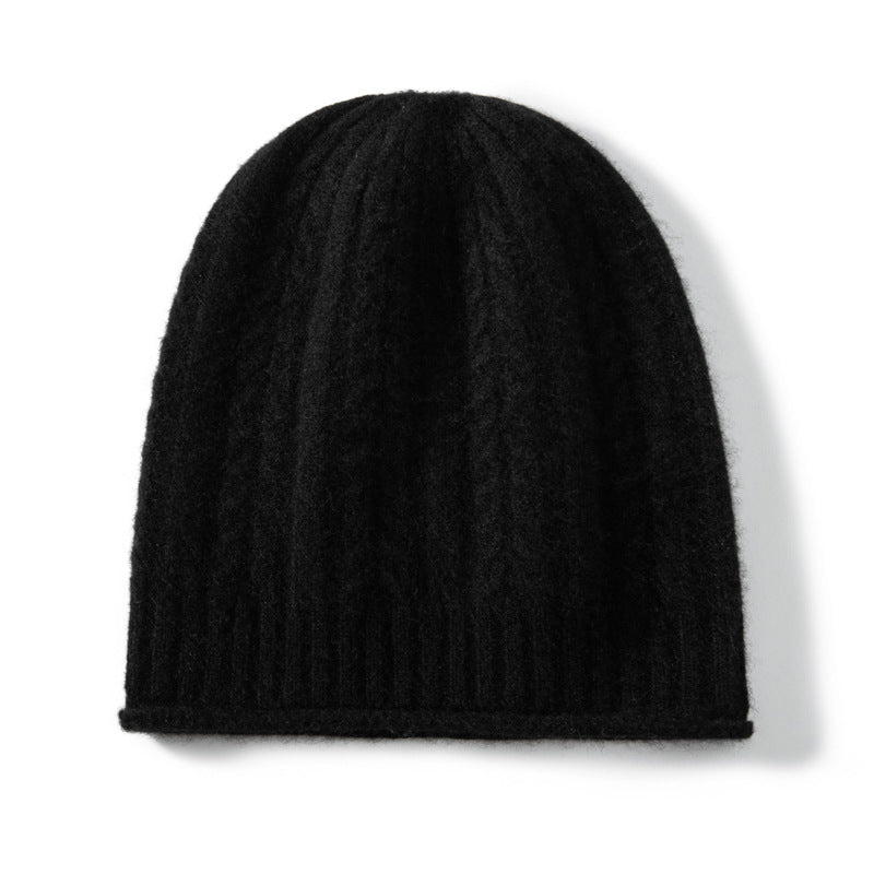 Classic Cable Knit Cashmere Beanie Ribbed Cuff Wheat Ear Pattern Hat Black M