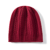 Classic Cable Knit Cashmere Beanie Ribbed Cuff Wheat Ear Pattern Hat Red M