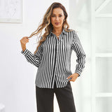 Women Stripe Silk Button Down Blouse Office Work Silk Shirts Black XS