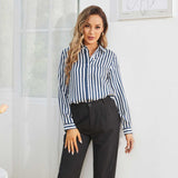 Women Stripe Silk Button Down Blouse Office Work Silk Shirts Blue XS