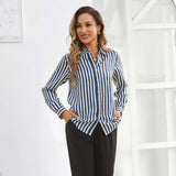 Women Stripe Silk Button Down Blouse Office Work Silk Shirts Blue XS