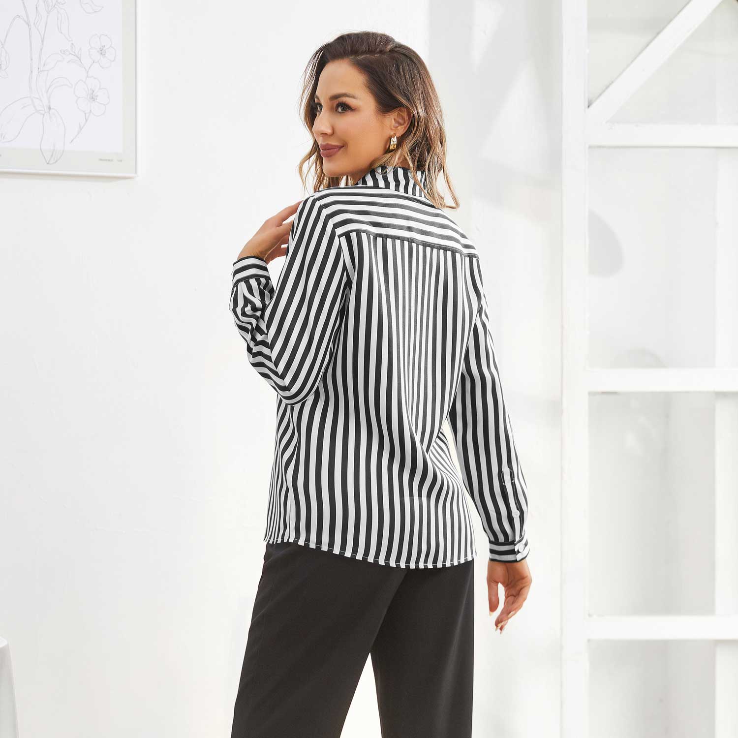 Women Stripe Silk Button Down Blouse Office Work Silk Shirts Black XS