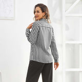 Women Stripe Silk Button Down Blouse Office Work Silk Shirts Black XS