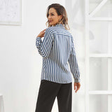 Women Stripe Silk Button Down Blouse Office Work Silk Shirts Blue XS