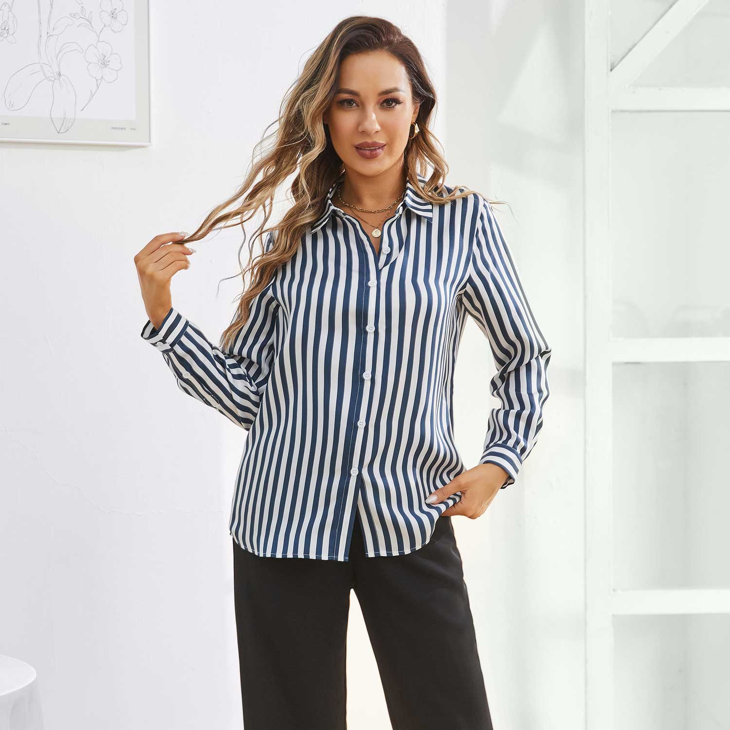 Women Stripe Silk Button Down Blouse Office Work Silk Shirts Blue XS
