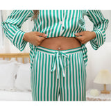 Womens Striped Silk Pajama Set Long Sleeve Silk PJ Set Green XS