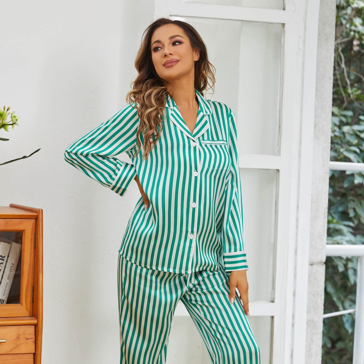 Womens Striped Silk Pajama Set Long Sleeve Silk PJ Set Green XS