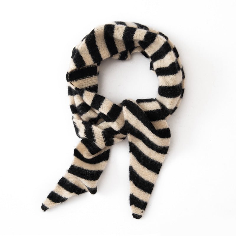 Striped Cashmere Triangle Scarf Pure Cashmere Neck Scarf Cashmere Bandana Beige + Black M
