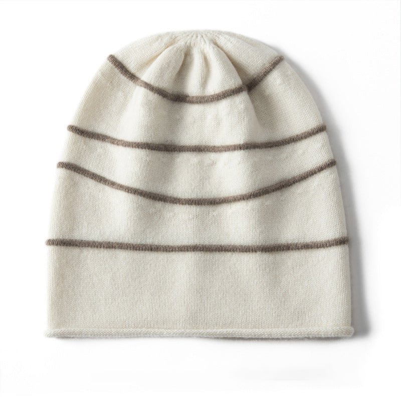 Striped Pure Cashmere Beanie Horizontal Stripe Cashmere Winter Hat Ivory M