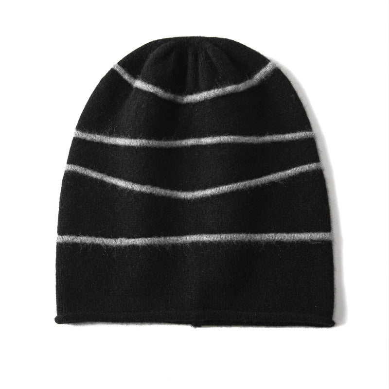 Striped Pure Cashmere Beanie Horizontal Stripe Cashmere Winter Hat Black M