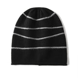 Striped Pure Cashmere Beanie Horizontal Stripe Cashmere Winter Hat Black M