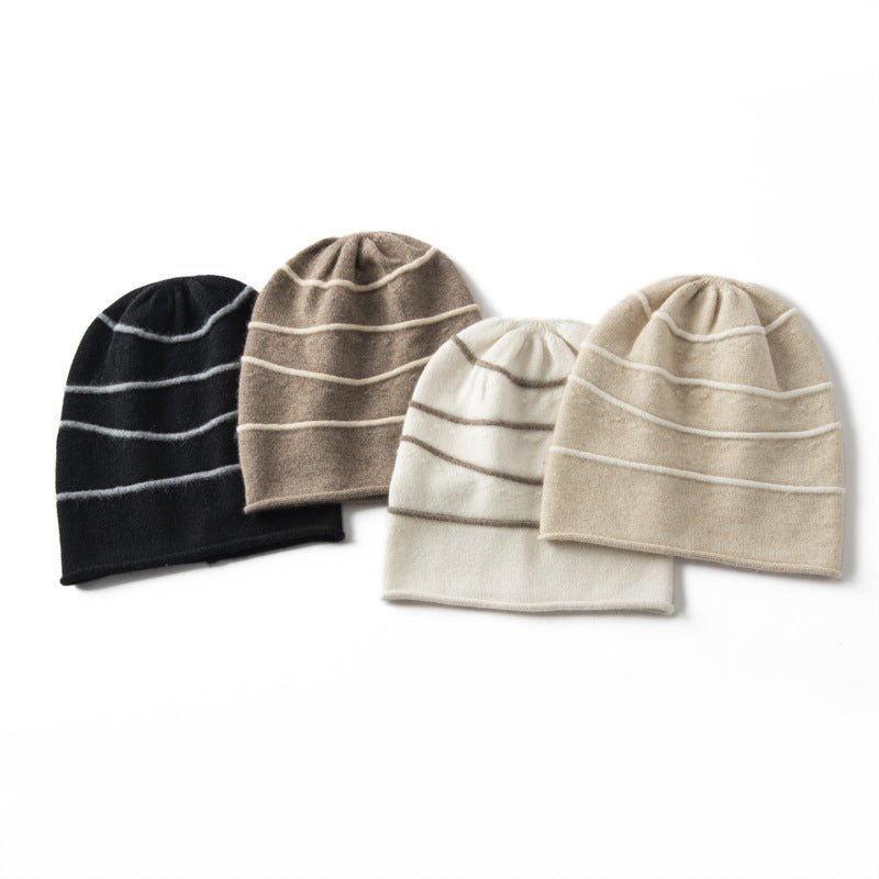 Striped Pure Cashmere Beanie Horizontal Stripe Cashmere Winter Hat Black M