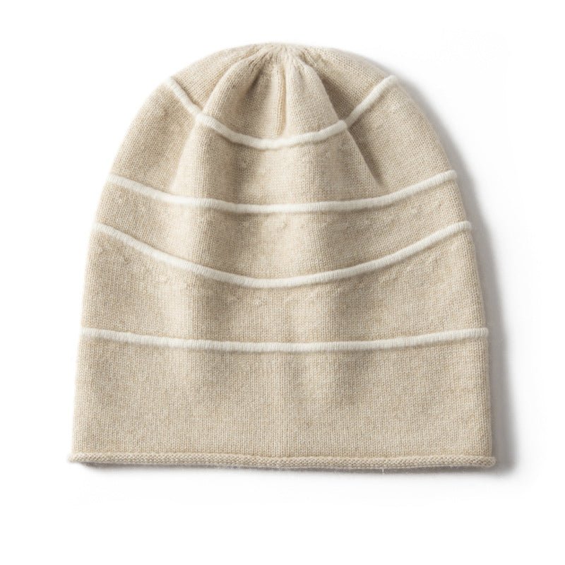 Striped Pure Cashmere Beanie Horizontal Stripe Cashmere Winter Hat Beige M
