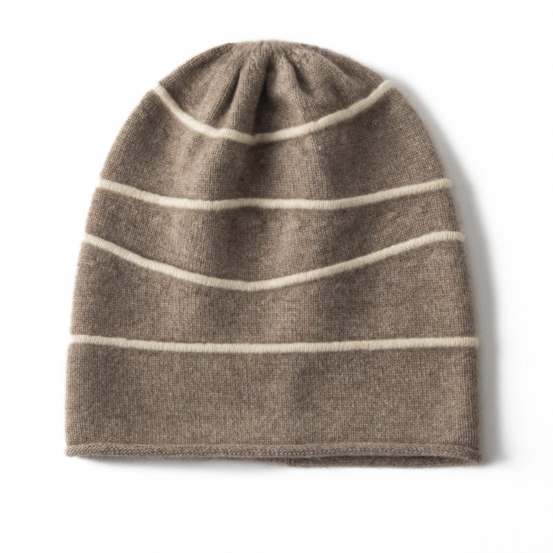 Striped Pure Cashmere Beanie Horizontal Stripe Cashmere Winter Hat Taupe M