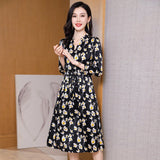 Summer Silk Floral Dress Long Sleeve Wedding Guest Party Dresses Black S