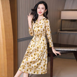 Summer Silk Floral Dress Long Sleeve Wedding Guest Party Dresses Yellow S