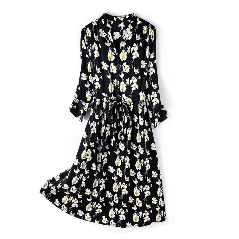 Summer Silk Floral Dress Long Sleeve Wedding Guest Party Dresses Black S
