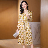 Summer Silk Floral Dress Long Sleeve Wedding Guest Party Dresses Yellow S