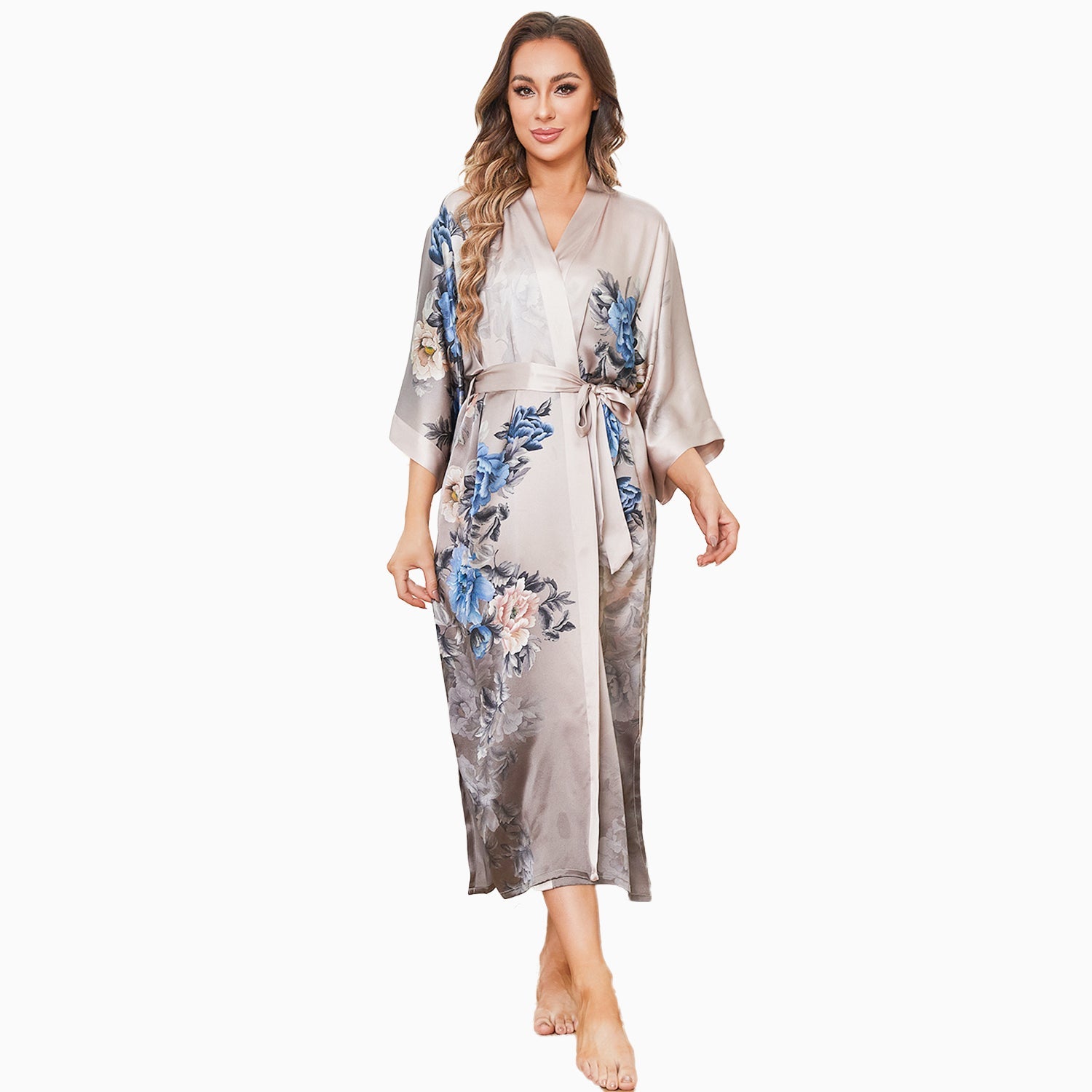 Women's Flower Silk Kimono Robe long Floral Print Silk Kimono Taupe One size fits most