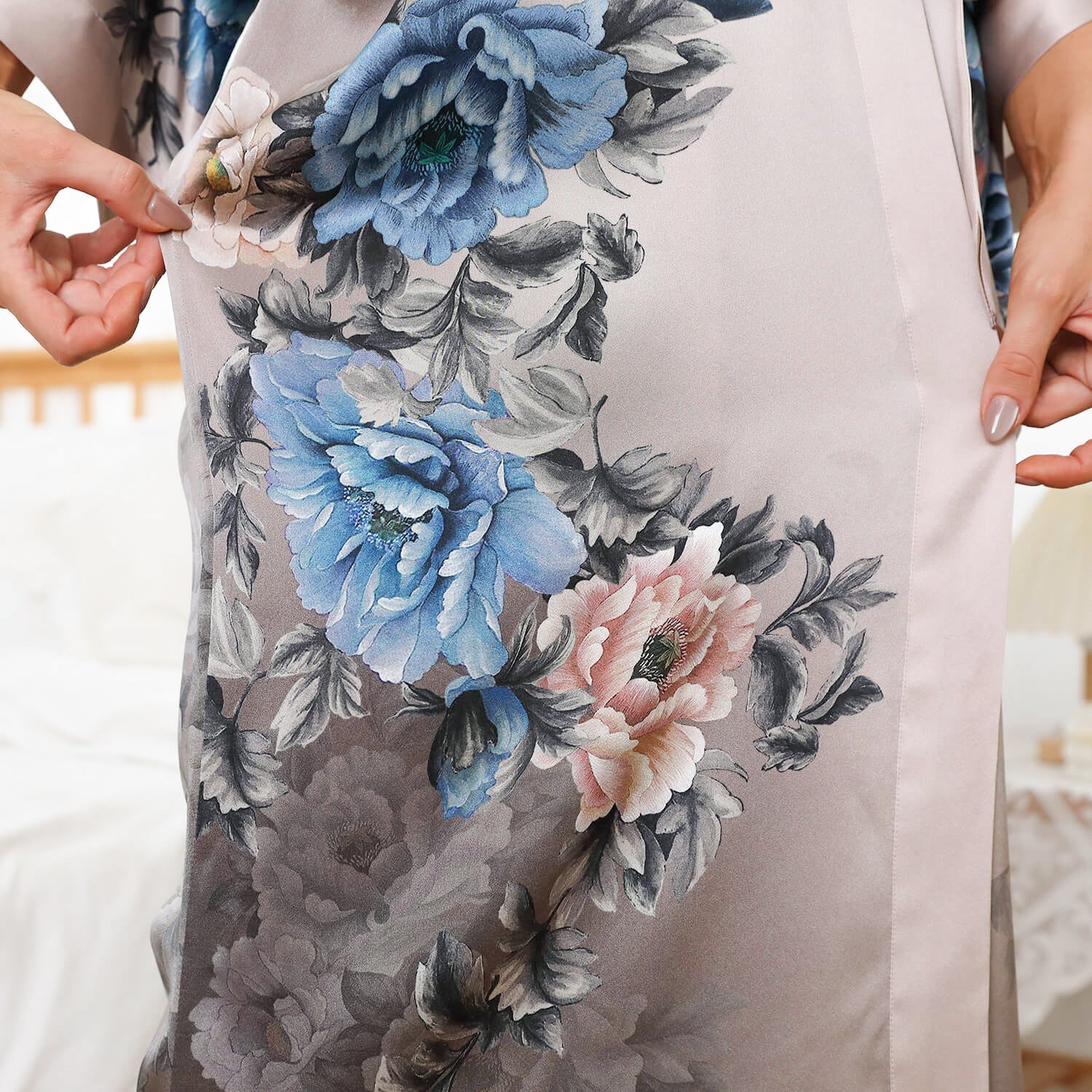 Women's Flower Silk Kimono Robe long Floral Print Silk Kimono Taupe One size fits most