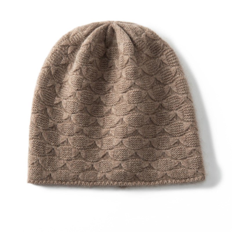 Textured Cashmere Hat for Women Scallop Pattern Cashmere Beanie Taupe M