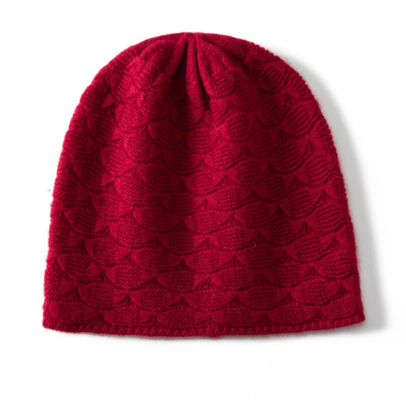 Textured Cashmere Hat for Women Scallop Pattern Cashmere Beanie Claret M