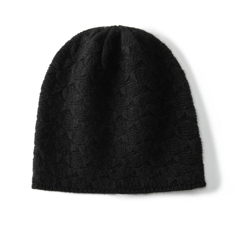 Textured Cashmere Hat for Women Scallop Pattern Cashmere Beanie Black M