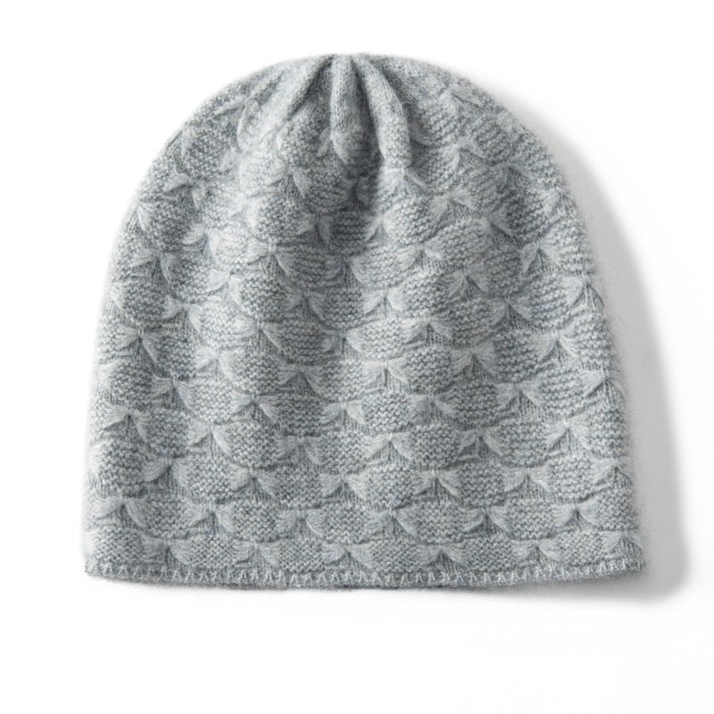 Textured Cashmere Hat for Women Scallop Pattern Cashmere Beanie Grey M