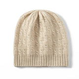 Chunky Cable Knit Cashmere Beanie Ribbed Cuff Thick Cashmere Hats Beige M