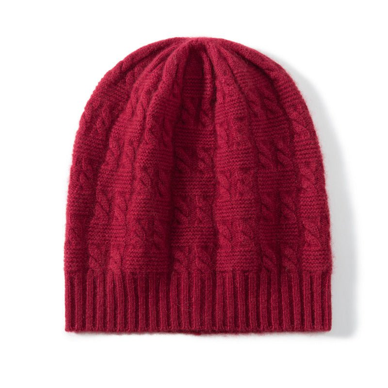Chunky Cable Knit Cashmere Beanie Ribbed Cuff Thick Cashmere Hats Red M