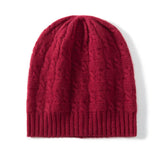 Chunky Cable Knit Cashmere Beanie Ribbed Cuff Thick Cashmere Hats Red M