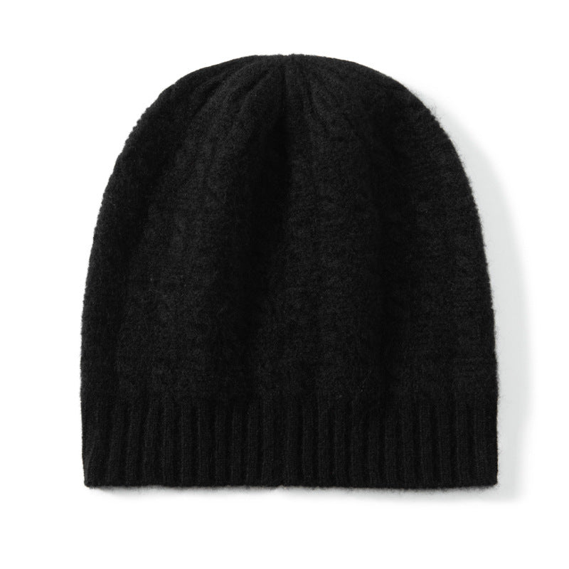 Chunky Cable Knit Cashmere Beanie Ribbed Cuff Thick Cashmere Hats Black M