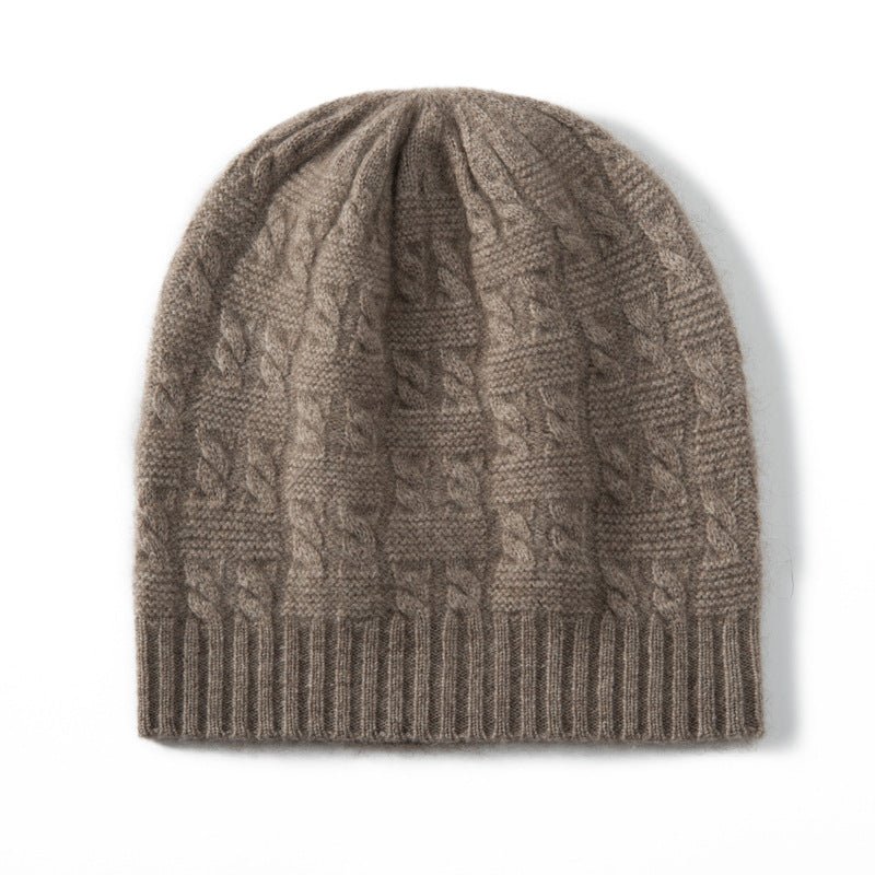 Chunky Cable Knit Cashmere Beanie Ribbed Cuff Thick Cashmere Hats Taupe M