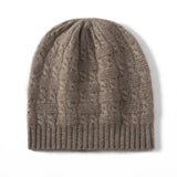 Chunky Cable Knit Cashmere Beanie Ribbed Cuff Thick Cashmere Hats Taupe M