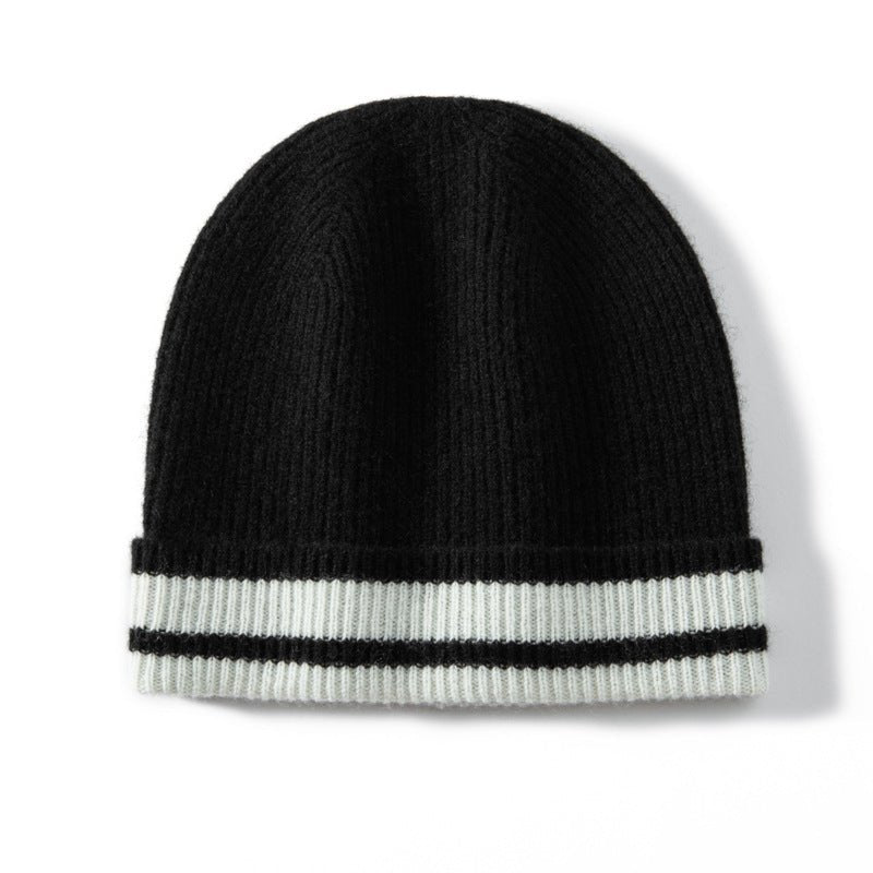 Pure Cashmere Ribbed Beanie Hat With Stripe Thick Cashmere Winter Hat Black M
